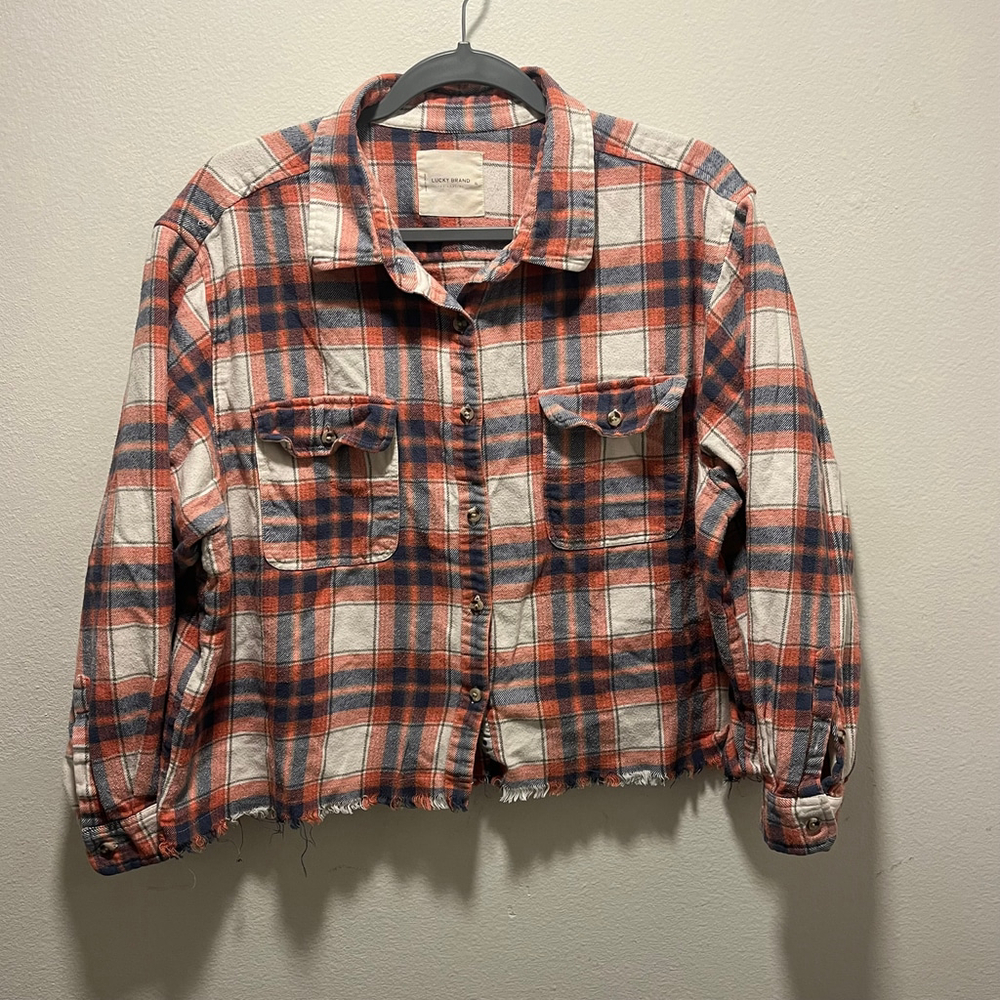 Women's Lucky Brand Plaid Flannel Shirt Size XL Orange Blue
